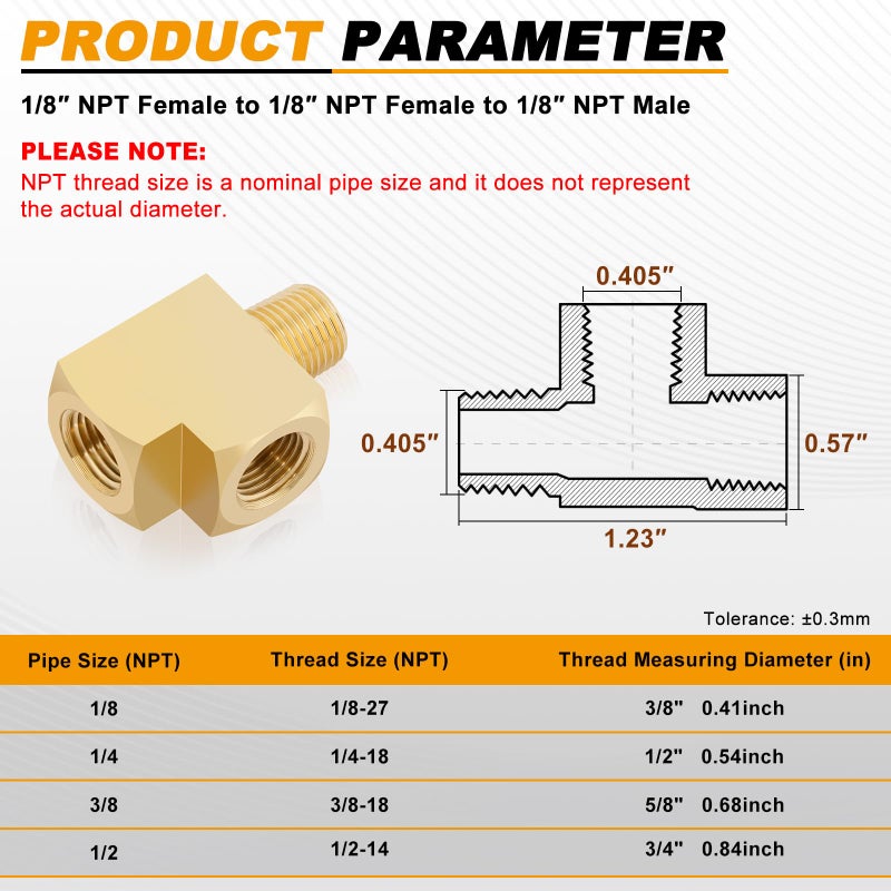 KOOTANS 4 Pack Brass Tee Fittings 1/8" NPT Female to 1/8" NPT Female to 1/8" NPT Male Barstock Street Tee Fittings 3 Way Brass Pipe Fitting - Image 2
